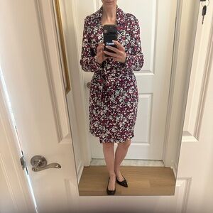 Diane Von Furstenberg Pink Navy White Pattern Tie-Waist Midi Dress sz 12 14